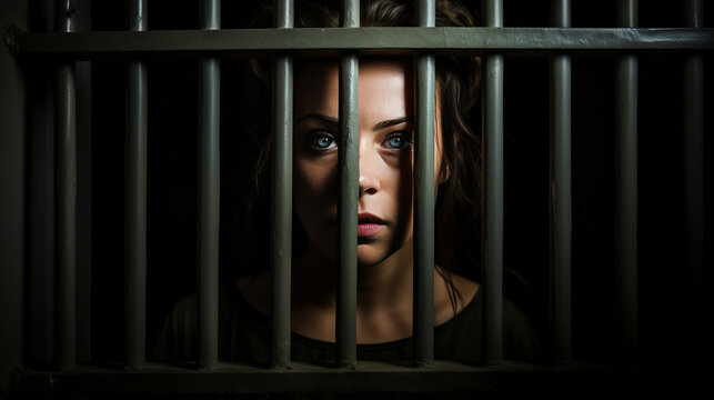 Sorrowful female inmate sad behind bars desperately asking to released from custody symbolizing quest for fairness, treacherous criminal woman in prison embodies societal threat
