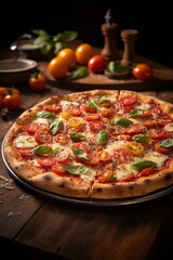 Pizza with mozzarella, tomatoes and mushrooms on a wooden board