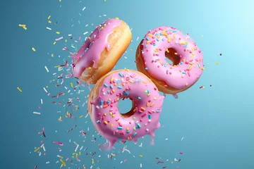 Foto op Plexiglas Flying Frosted sprinkled donuts. Set of multicolored doughnuts with sprinkles isolate on color background. 3d rendering © MaxSimplify