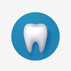 white realistic tooth icon on blue back