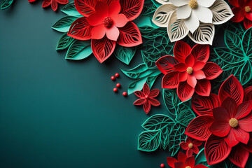 holly and poinsettia floral Christmas border papercut style, red and green colors with glitter and copy space, flat lay