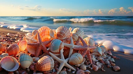 Important collection of colorful seashells and starfish with the sea in the background