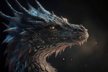 Portrait of a dark ancient dragon on a black background, Year of the Dragon, Generative AI