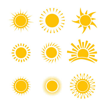 Sun icon vector set. Flat design. Collection of sun stars. Logo or weather icon