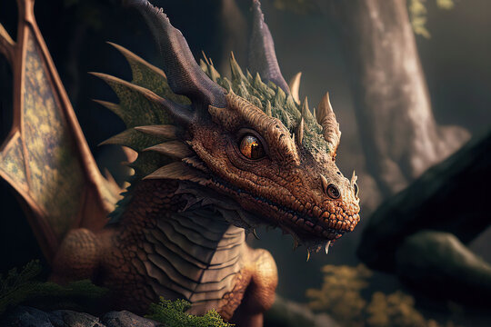 Portrait of a dragon with orange eyes, Generative AI