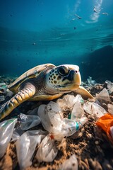 Large turtle swims among plastic garbage in the ocean, plastic pollution of the ocean, plastic waste, the problem of plastic recycling, harm to marine animals, global problem of nature conservation