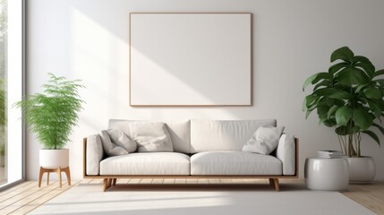 A design sofa, tropical plant, pillows, blanket, gramophone,mockup picture frames are all featured in this stylish Scandinavian white room Modern living area with white walls and brown oak parque