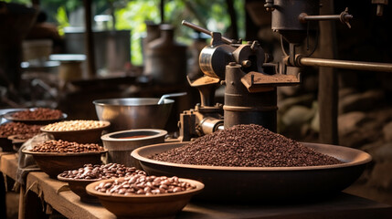 Premium brown roast raw coffee beans filled in bowls, processing in a grinding mill and brew ...