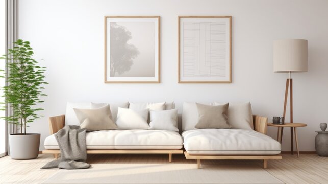 A design sofa, tropical plant, pillows, blanket, gramophone,mockup picture frames are all featured in this stylish Scandinavian white room Modern living area with white walls and brown oak parque