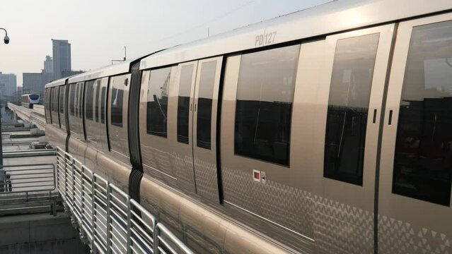 Monorail train in the city of Nonthaburi, Thailand. It is a city train line connecting Bangkok and neighboring provinces. 