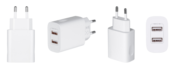 AC charger with USB and Type-C connector on isolated and white background, close-up
