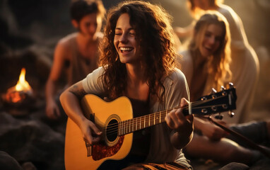 Obraz premium young people relaxed on the beach with a campfire, singing and playing guitar, ai generated