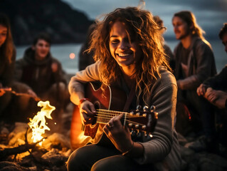 young people relaxed on the beach with a campfire, singing and playing guitar, ai generated