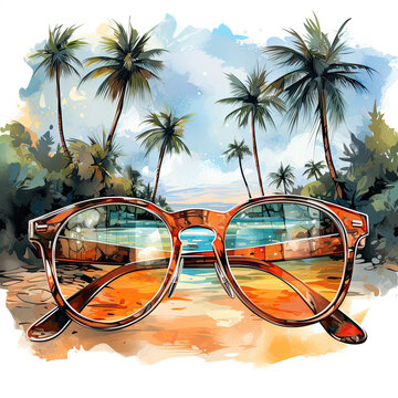 watercolor beach sunglasses clipart, Generative Ai