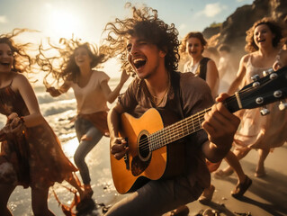 Obraz premium young people relaxed on the beach with a campfire, singing and playing guitar, ai generated