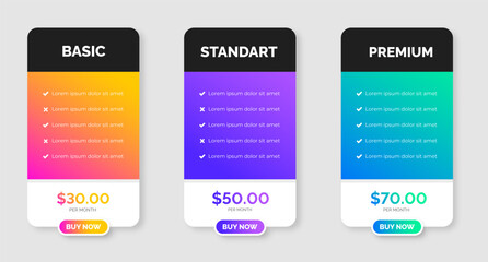 website Pricing chart table design template. Product Plan Offer Price Package Subscription Options Comparison Table Chart Infographic Design. UI UX app pricing chart table Subscription set design.