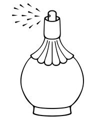 Spray fragrant perfume. Sketch. Cute pot-bellied bottle of eau de toilette. Vector illustration. Doodle style. Pear-shaped container with aromatic liquid. Outline on isolated background. Coloring book