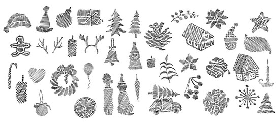 Vector ink Set for Christmas Day including Christmas trees, plants, presents, decorations, dogs