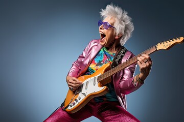Grandmother playing electric guitar and screaming a song on stage as a rock star with blurred lights. Dynamic senior lifestyle concept, Sunset of life in colors.