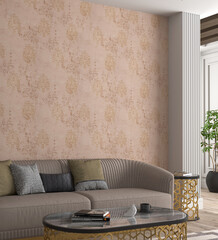 Comfortable sofa in modern interior and wall paper. 3d render