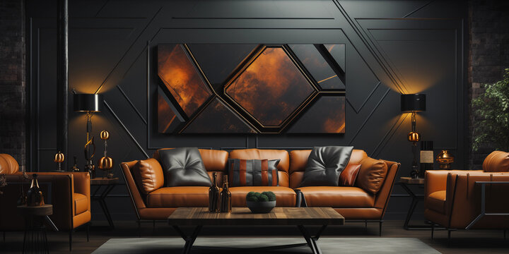 Super modernes Wohnzimmer mit edler brauner Leder Garnitur mit fantastischen Design im Querformat für Banner, ai generativ 
