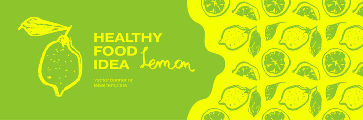 Lemon banner template with vector color lemon seamless pattern. Citrus fruit backdrop on pink background. Hand drawn lemons illustration. Lemon emblem with green leaves. Botanical fabric pattern.