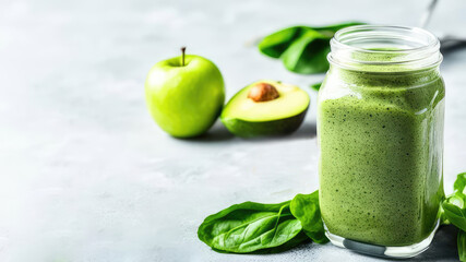 Green smoothie from avocado, spinach leaves, apple and chia seeds on gray concrete background. Vegetarian healthy drinks,diet concept.Generative AI
