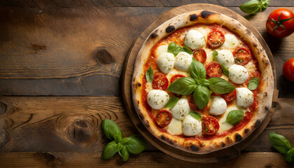 Margherita pizza with mozzarella and tomato slices and basil green leaves, on an old wooden cutting board, on an old wooden table with copy space. Table top view. - Powered by Adobe