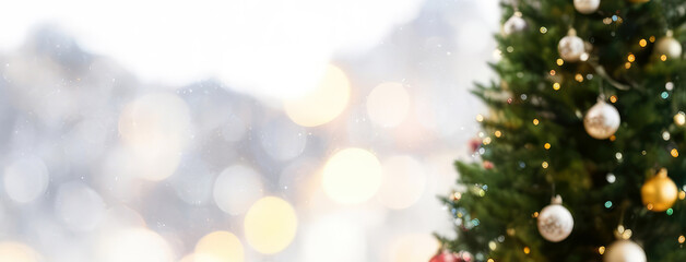 Christmas tree decorated with colorful glass balls and garland lights on a blurred white bokeh background. Winter holidays festive banner.Merry Christmas,
Happy New Year greeting card.Generative AI