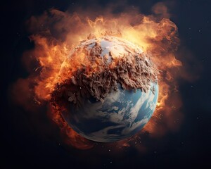 Earth globe collapse, burning, destroyed by fire. Conceptual illustration of global warming, caused...