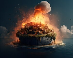Earth globe collapse, burning, destroyed by fire. Conceptual illustration of global warming, caused by the excesses of the world of finance, industry - obrazy, fototapety, plakaty