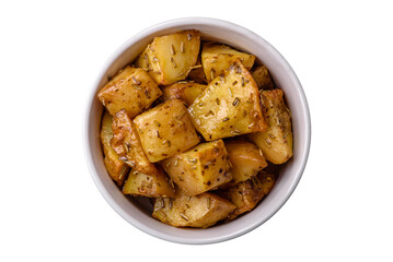 Delicious crispy fried potato wedges with salt, spices and herbs