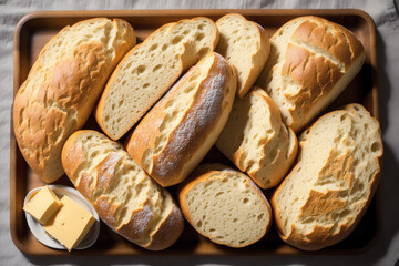Freshly baked bread on a wooden board, close-up. French bread. Generative AI