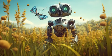 Little cute robot lost in a field on a beautiful day, discovering the earth and exploring nature with curiosity, being surprised by a beautiful nature of the earth - obrazy, fototapety, plakaty