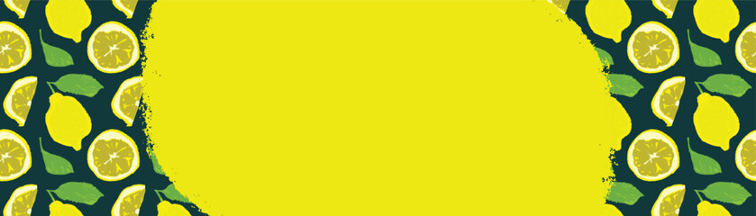 Lemon banner template with vector color lemon seamless pattern. Citrus fruit backdrop on pink background. Hand drawn lemons illustration. Lemon emblem with green leaves. Botanical fabric pattern.