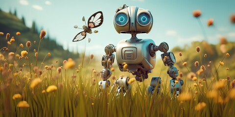 Little cute robot lost in a field on a beautiful day, discovering the earth and exploring nature with curiosity, being surprised by a butterfly