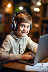 Smiling boy in headphones at laptop looking at camera