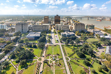 scenic view to downtown Baton Rouge and statue of Huey Long in morning light, Louisiana