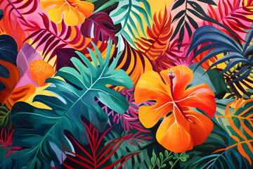 Fototapeta na wymiar Abstract Wallpaper with a Neon Jungle Vibe, Incorporating Vibrant, Abstract Foliage and Organic Shapes