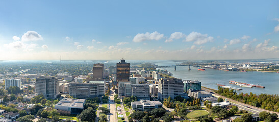 scenic view to downtown Baton Rouge in morning light with river Mississippi , Louisiana