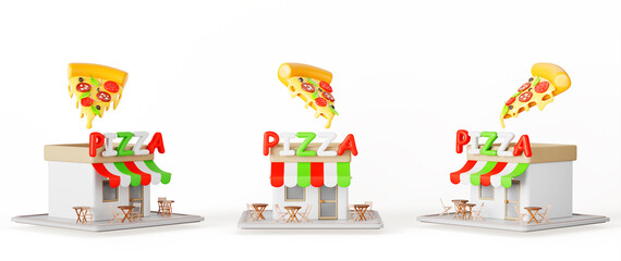 Obraz premium Pizzeria restaurant building exterior with tables and chairs on terrace front and angle view. Isometric 3d mockup fast food cafe, small booth with sign entrance and italy pizza icon. 3D illustration