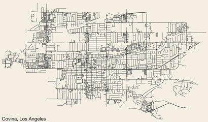 Detailed hand-drawn navigational urban street roads map of the CITY OF COVINA of the American LOS ANGELES CITY COUNCIL, UNITED STATES with vivid road lines and name tag on solid background