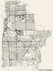 Detailed hand-drawn navigational urban street roads map of the CITY OF CARSON of the American LOS ANGELES CITY COUNCIL, UNITED STATES with vivid road lines and name tag on solid background