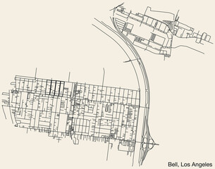 Detailed hand-drawn navigational urban street roads map of the CITY OF BELL of the American LOS ANGELES CITY COUNCIL, UNITED STATES with vivid road lines and name tag on solid background