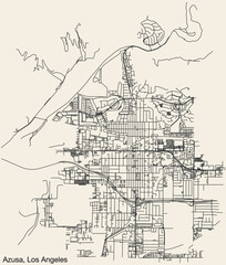 Detailed hand-drawn navigational urban street roads map of the CITY OF AZUSA of the American LOS ANGELES CITY COUNCIL, UNITED STATES with vivid road lines and name tag on solid background