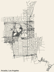 Detailed hand-drawn navigational urban street roads map of the CITY OF ARCADIA of the American LOS ANGELES CITY COUNCIL, UNITED STATES with vivid road lines and name tag on solid background