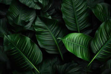Close-up of Green Leaves on a Black Background. Generative Ai