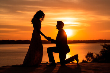 man kneeling measuring marriage to his partner against a beautiful orange sunset, IA generative