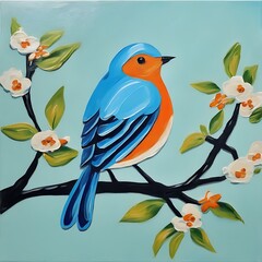 Vibrant Blue Orange Bird Perched on a Spring Branch Acrylic Painting .Perfect for the beautiful wallpaper, home decoration and others. Generative AI
