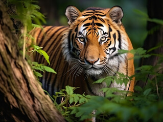 Fototapeta premium The fierce focus of a tiger in the wild, its stripes and eyes telling a story of survival.